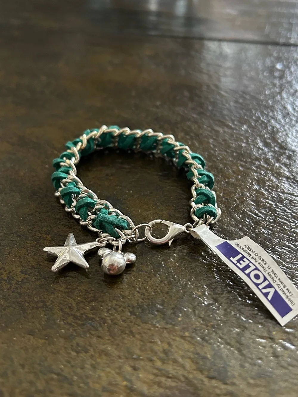 Disney Green and Silver Star Charm Braided Bracelet